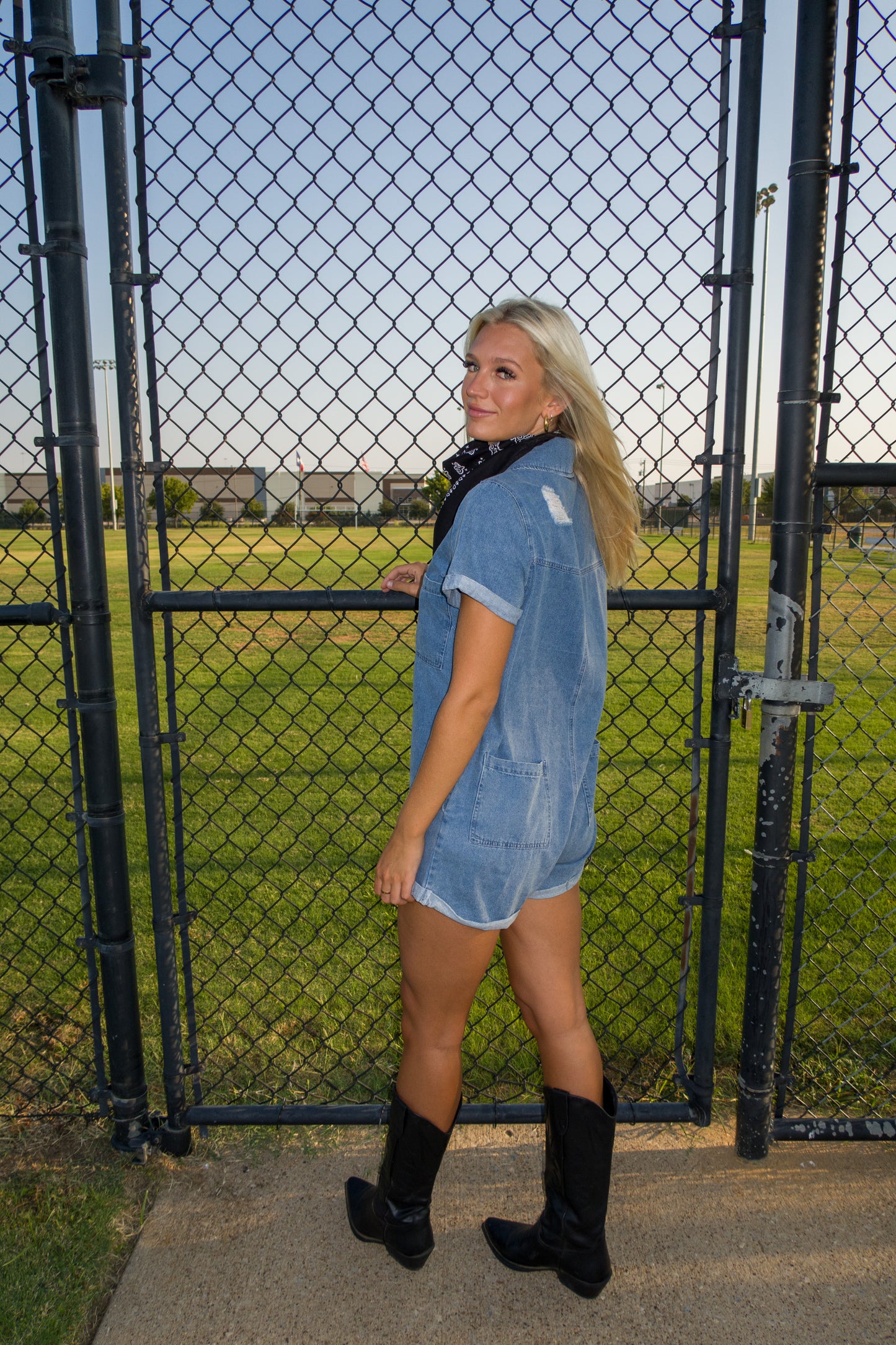 Game Time Distressed Denim Romper - Denim Blue