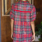 Collared Button Down Plaid Sequin Dress - Red