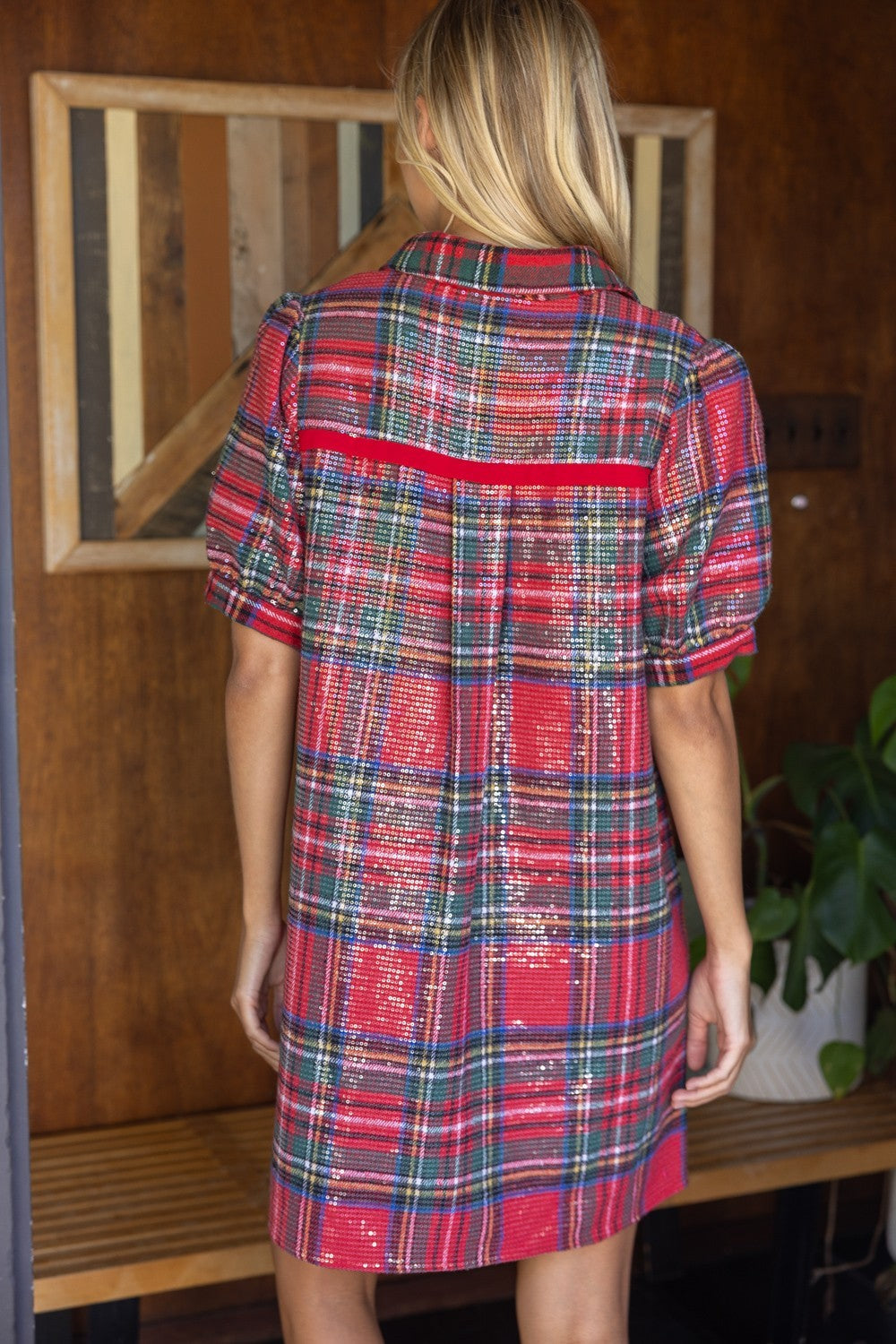 Collared Button Down Plaid Sequin Dress - Red
