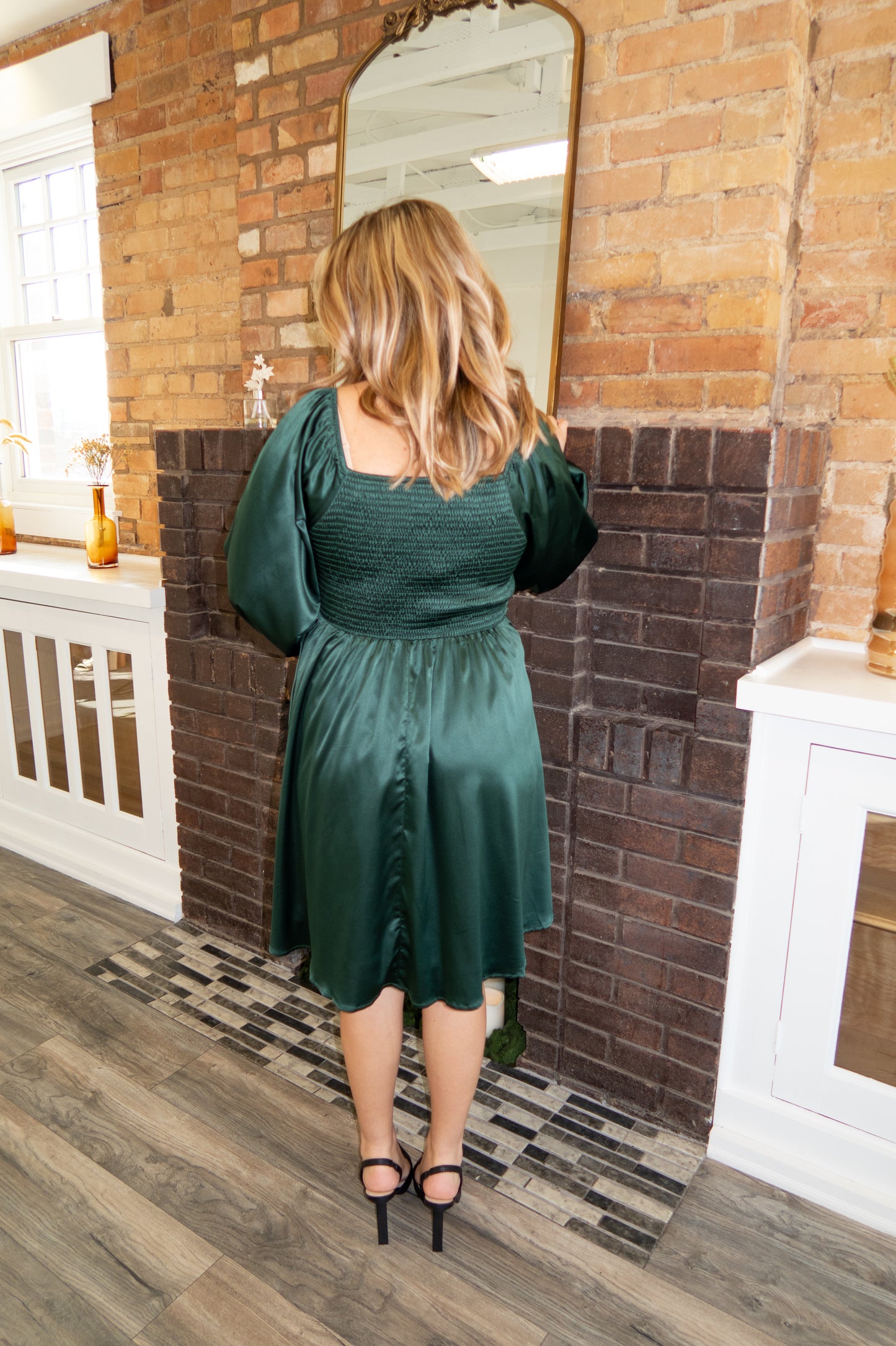 Long Sleeve Satin Dress - Deep Green