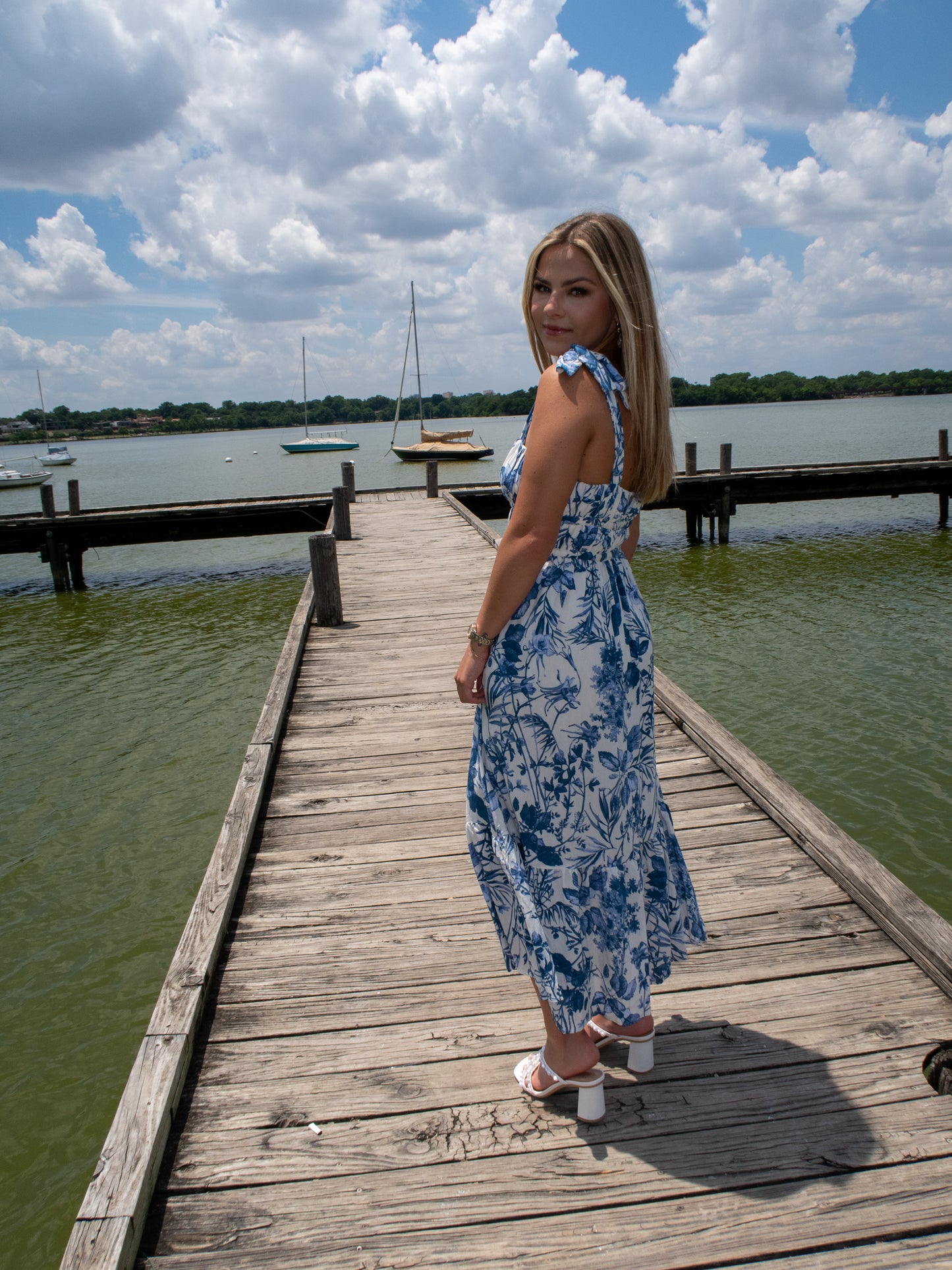 Ibiza Floral Midi Dress - White/Blue