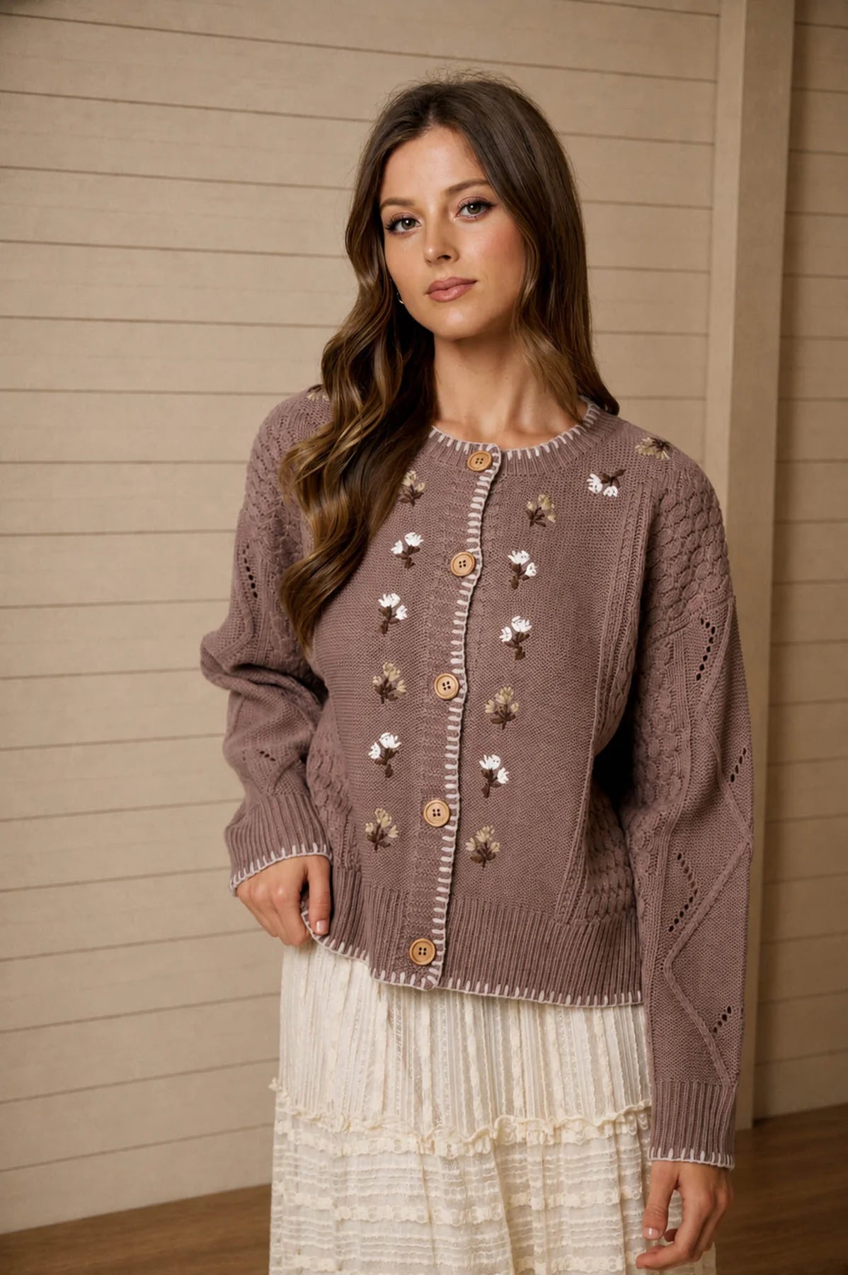 Floral Embroidered Knit Cardigan - Taupe
