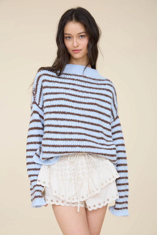 Stripe Rolled Edge Knit Sweater - Light Blue