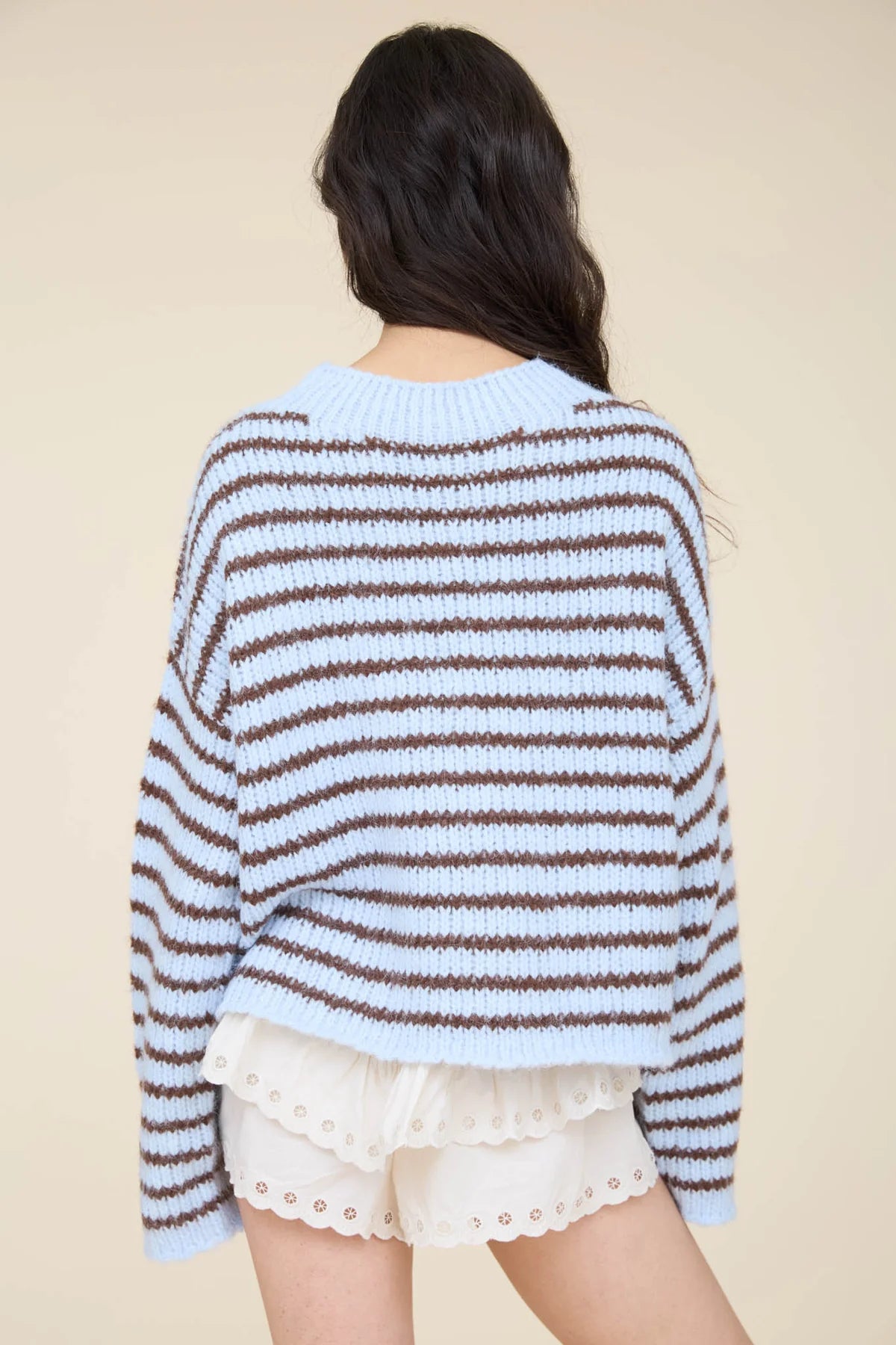 Stripe Rolled Edge Knit Sweater - Light Blue
