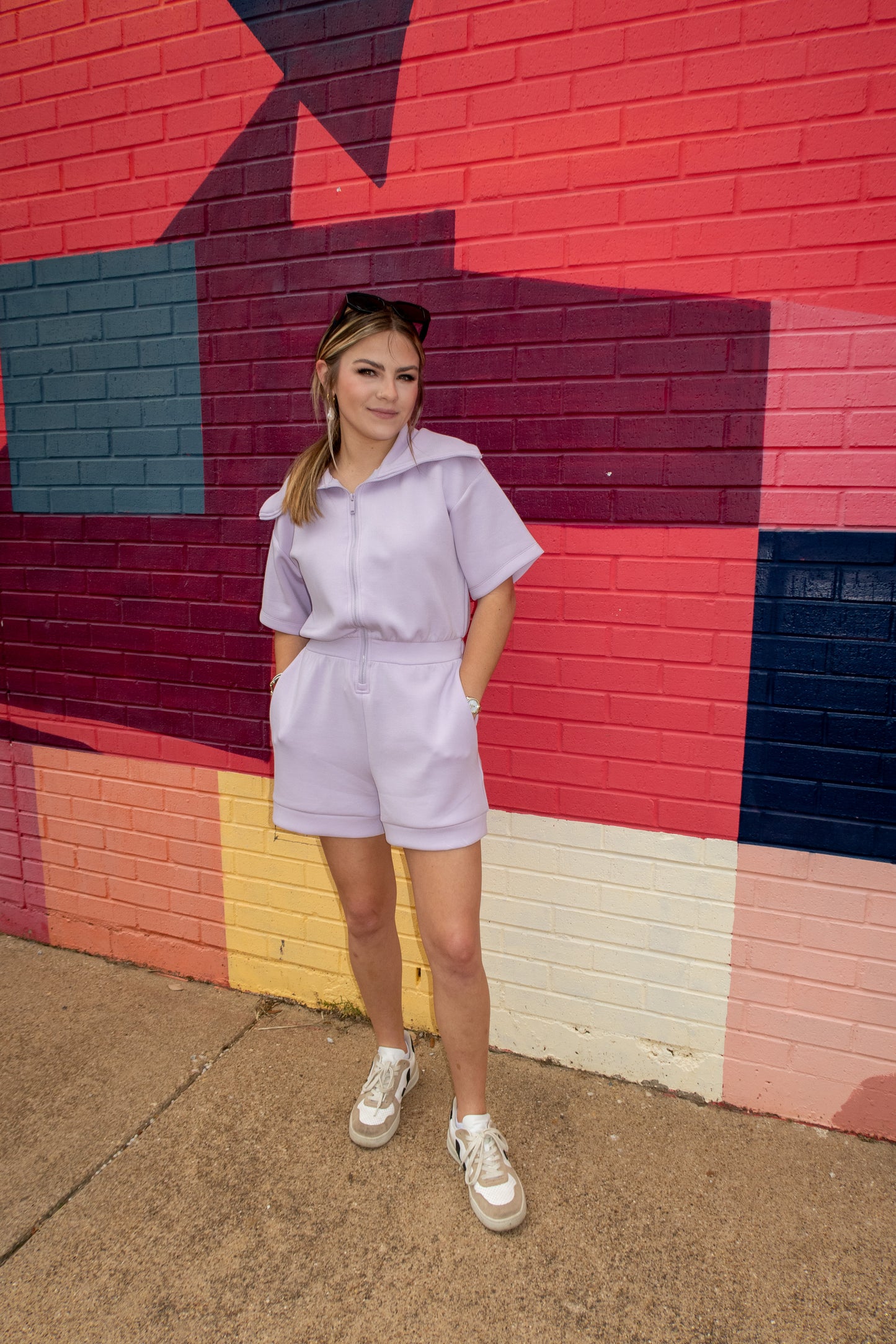 Now Boarding Collared Romper - Lavender