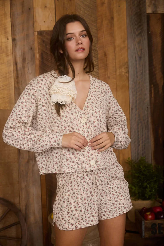 Floral Long Sleeve Button Down Cardigan - Brown Multi