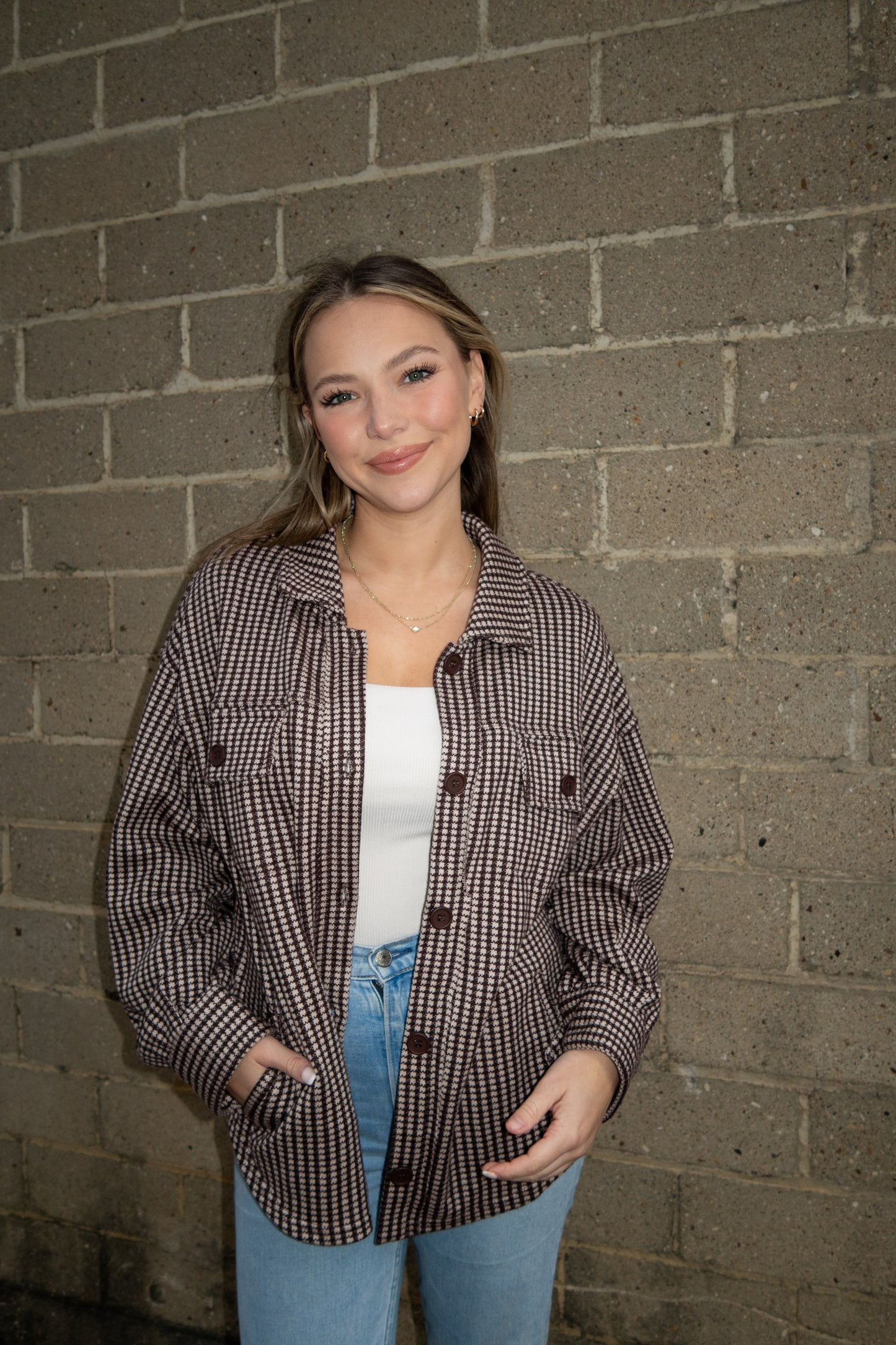 Button Down Checkered Shacket - Brown