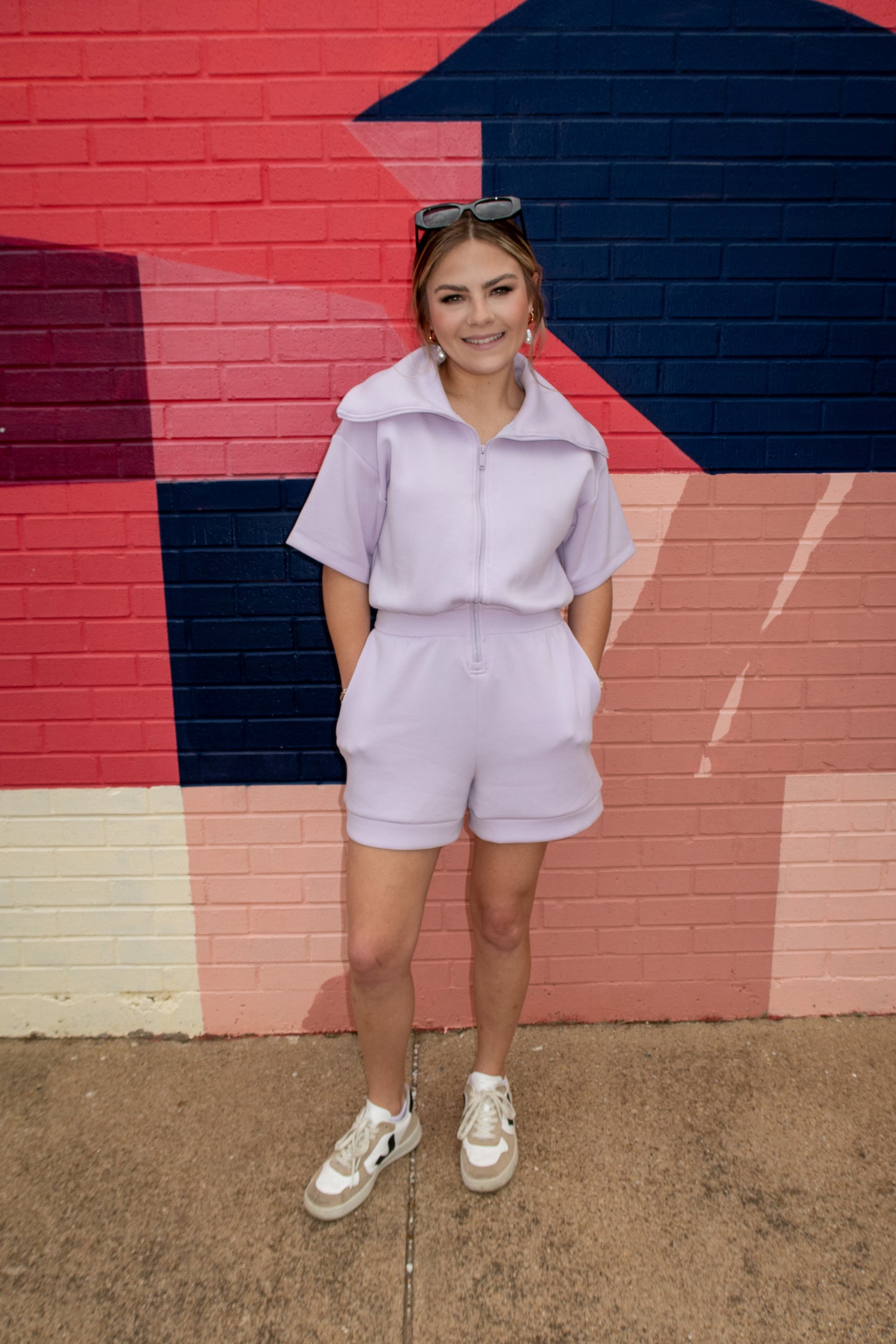 Now Boarding Collared Romper - Lavender