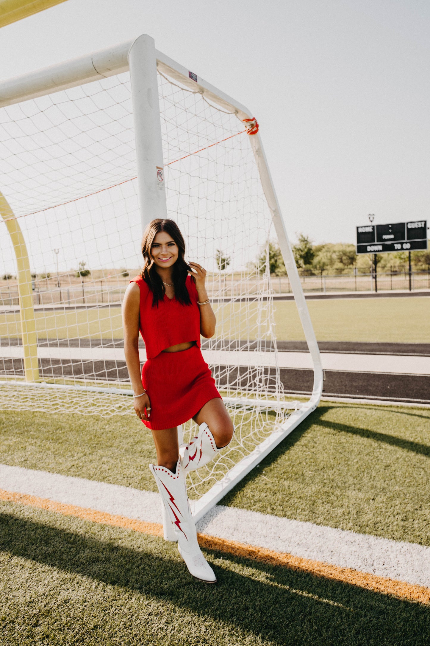 Red Zone Cropped Top + Mini Skirt Sweater Set - Red