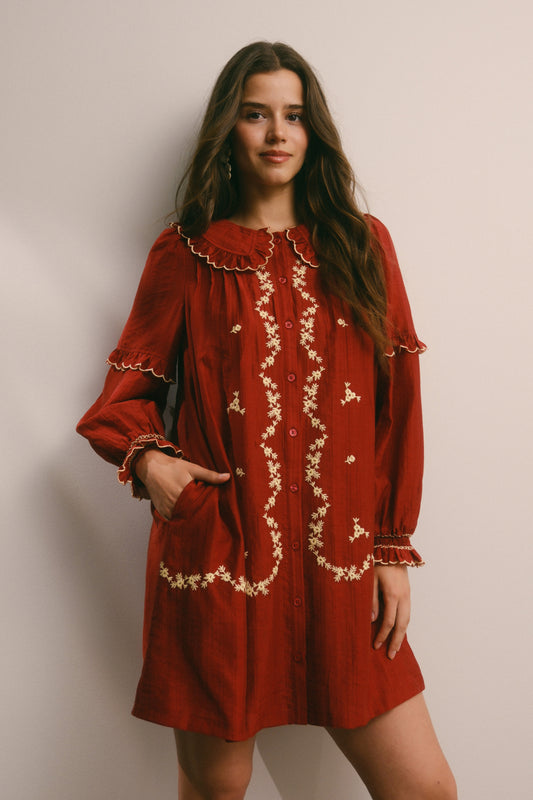 Embroidered Ruffle Collar Cotton Dress - Rust