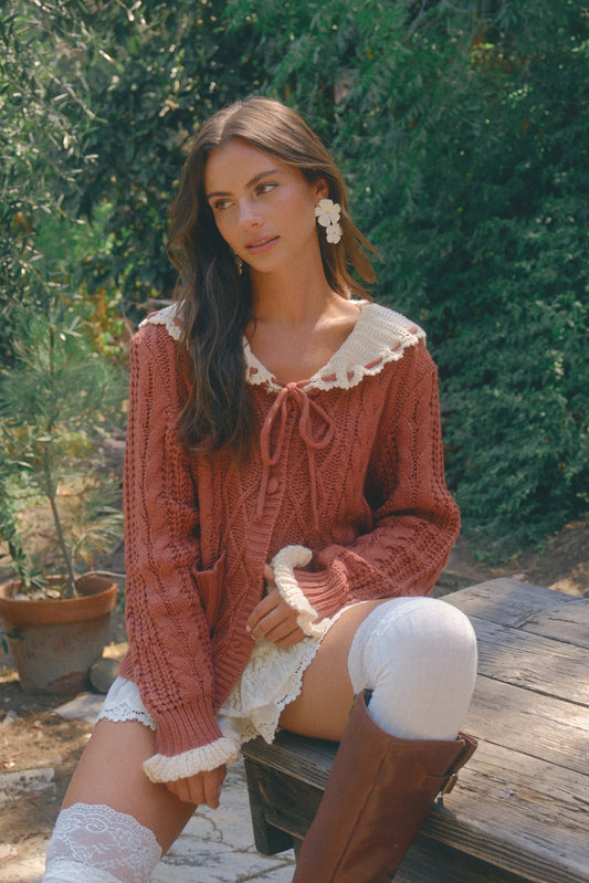 Two-Tone Crochet Collar Cable Knit Cardigan - Terracotta