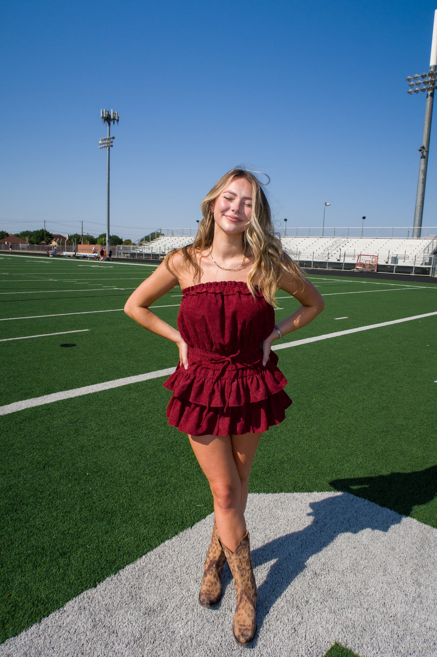 Game Day Feeling Corduroy Ruffle Romper Dress - Maroon