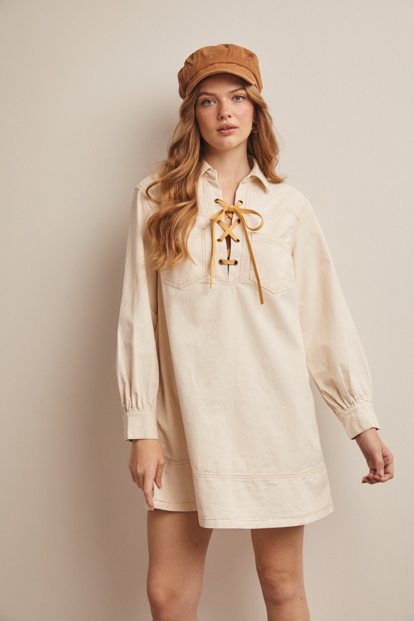 Lace Up Collared Dress - Cream