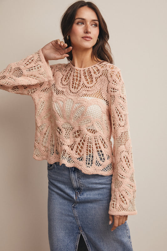 Boho Contrast Crochet Top - Blush