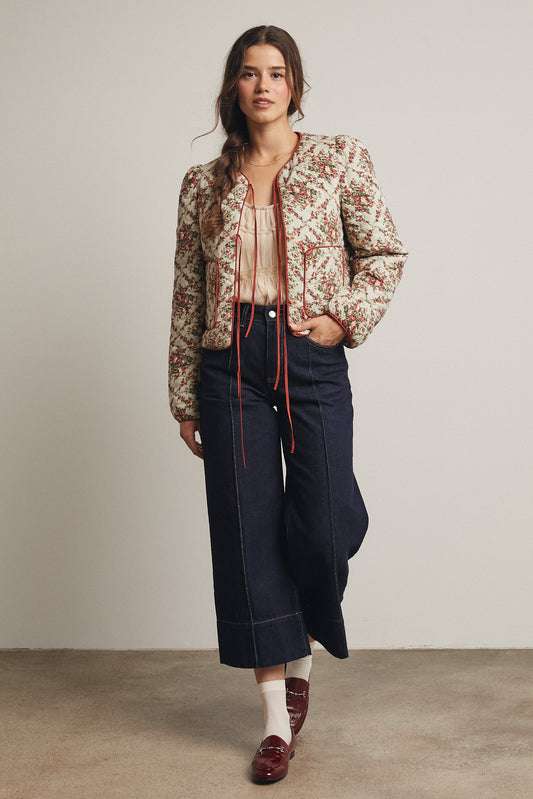 Rose Print Quilted Tie Jacket - Light Sage