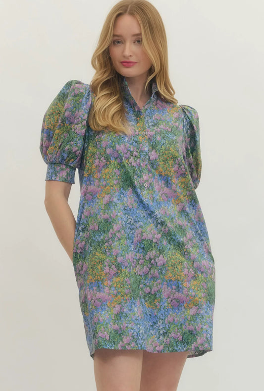 Watercolor Puff Sleeve Mini - Blue Multi
