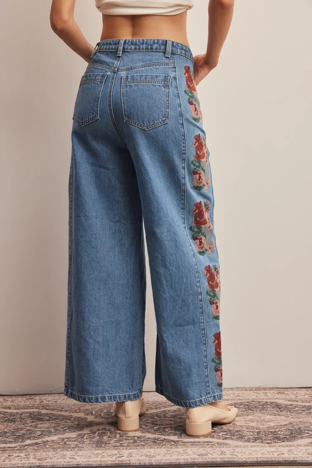 Floral Side Panel Wide Leg Jeans