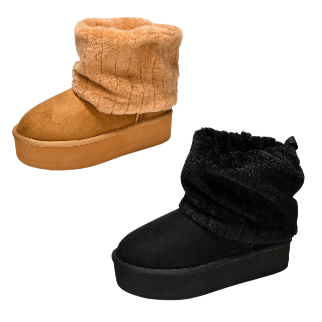 Fold Over Suede Booties - Camel + Black