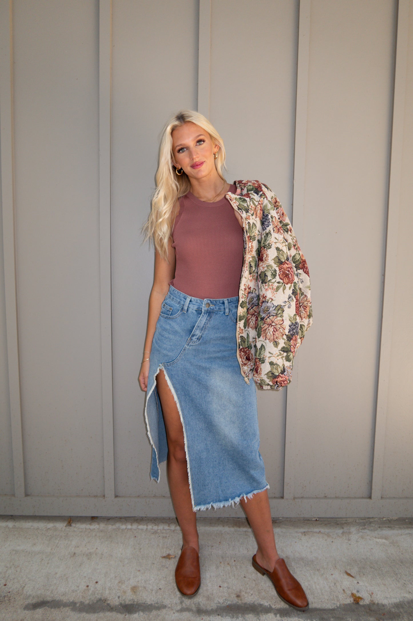 Carolina Denim Slit Midi Skirt