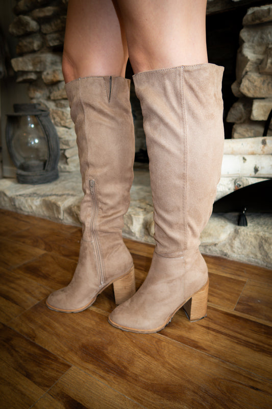 Suede Knee High Boots - Taupe