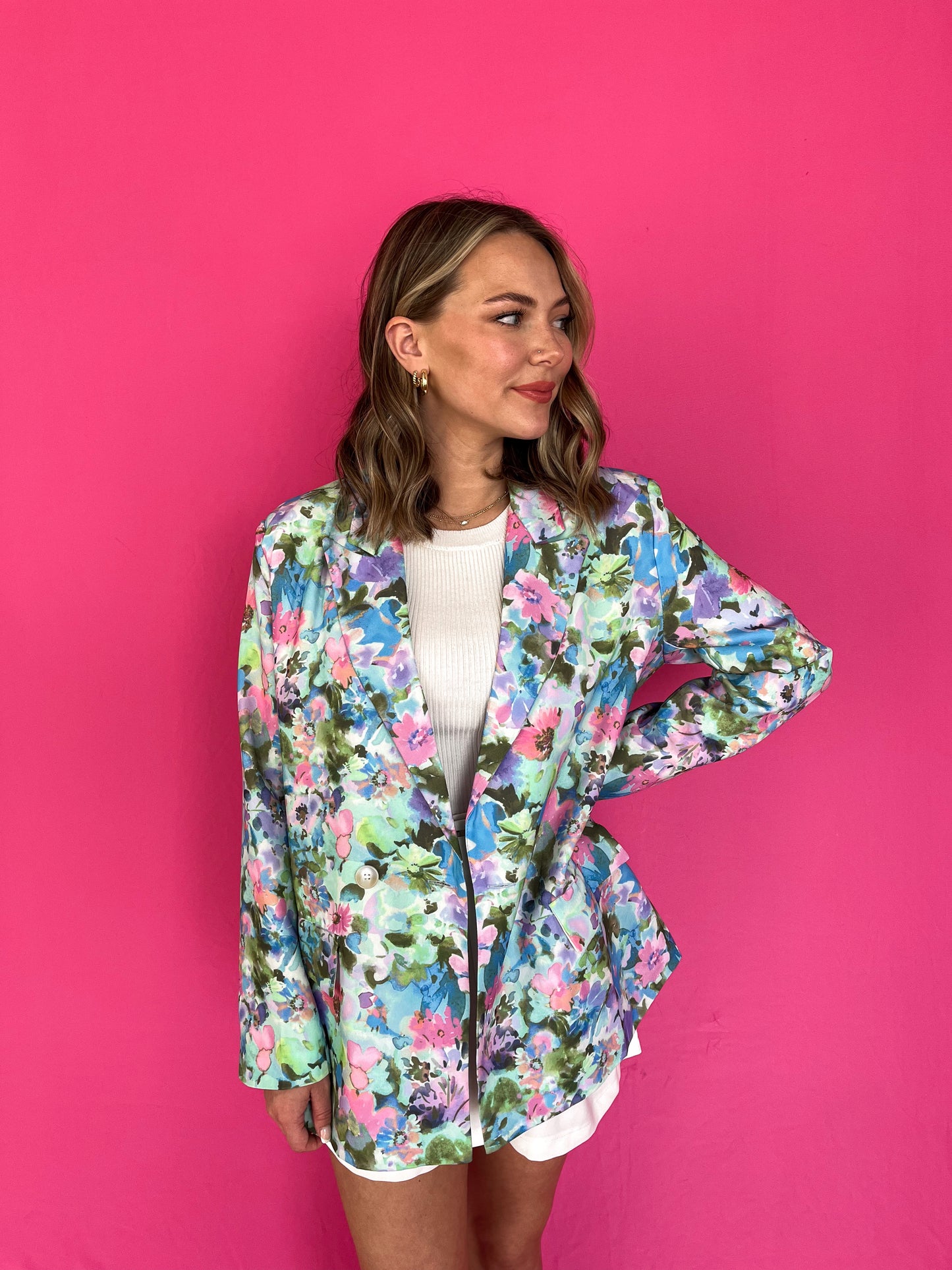 Watercolor Floral Blazer - Baby Blue Multi