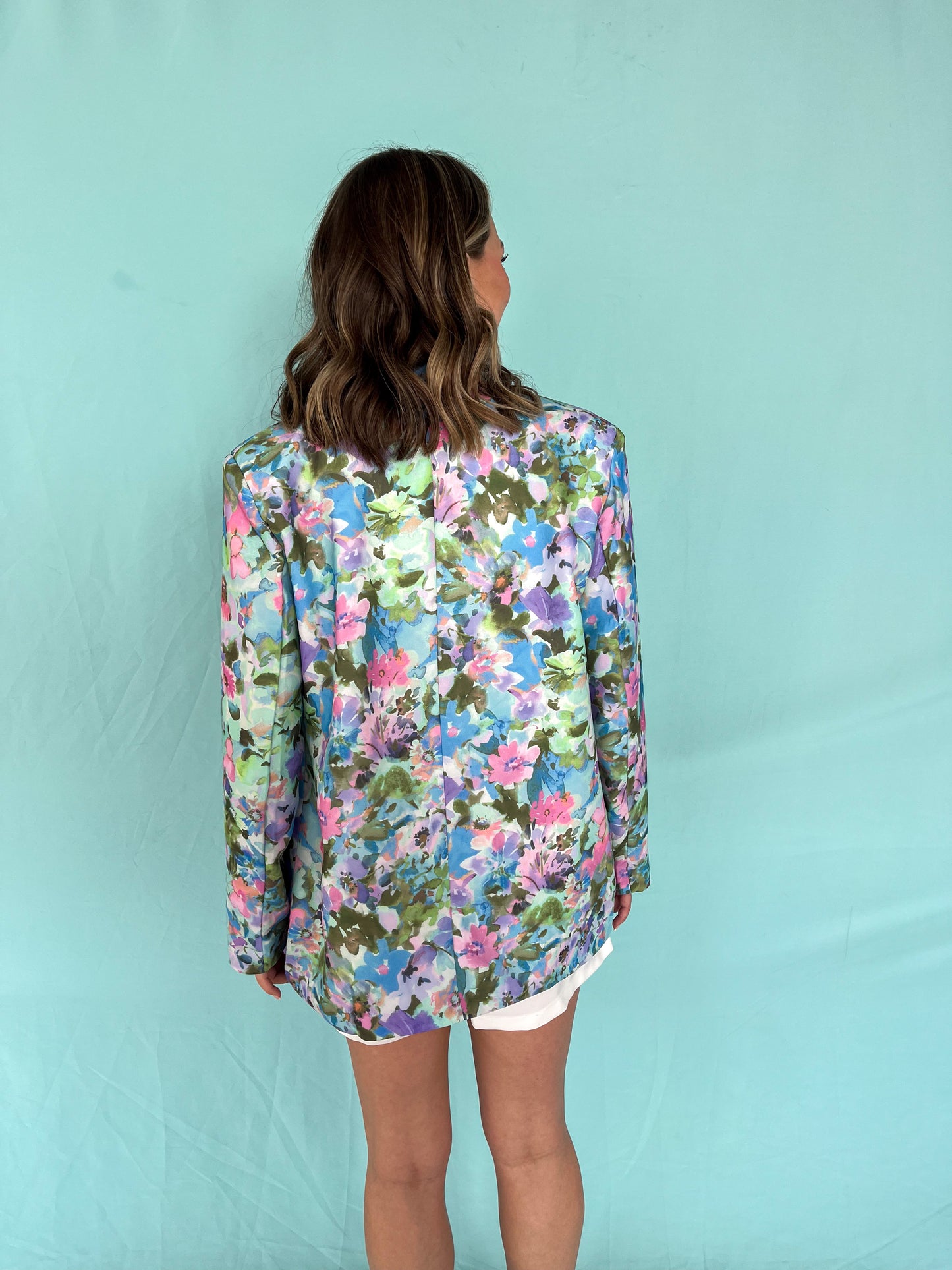 Watercolor Floral Blazer - Baby Blue Multi