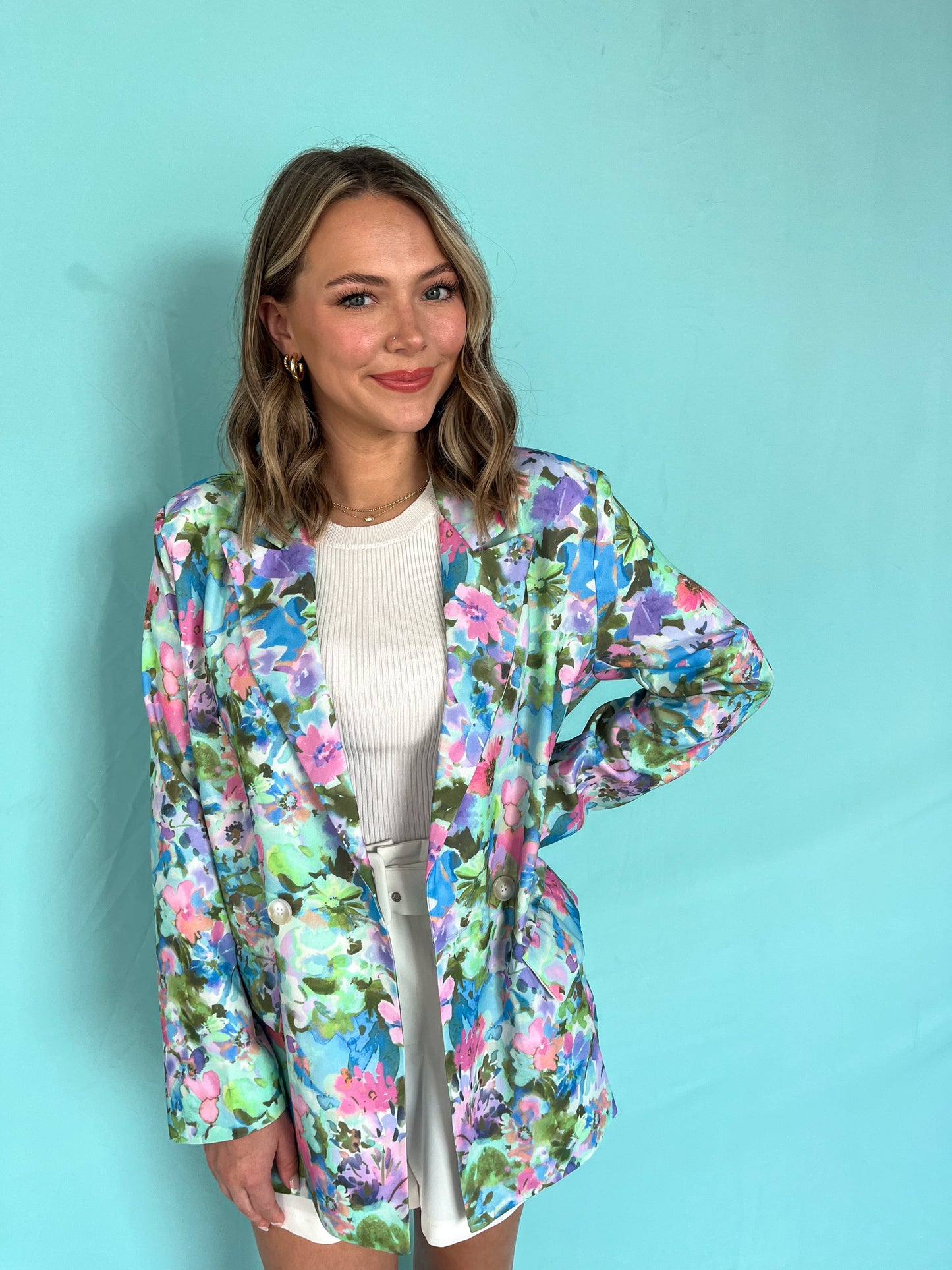 Watercolor Floral Blazer - Baby Blue Multi