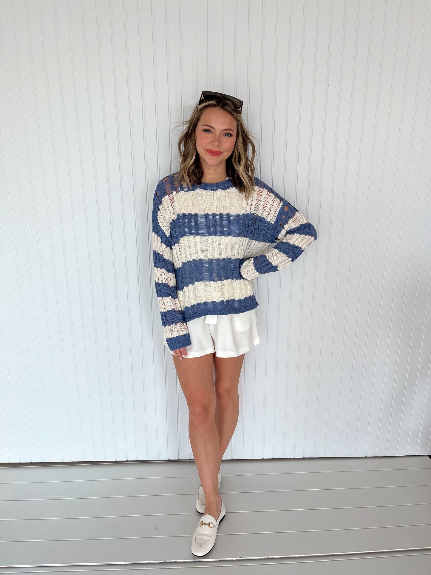 Spring Breakers Striped Ladder Knit Sweater - Blue