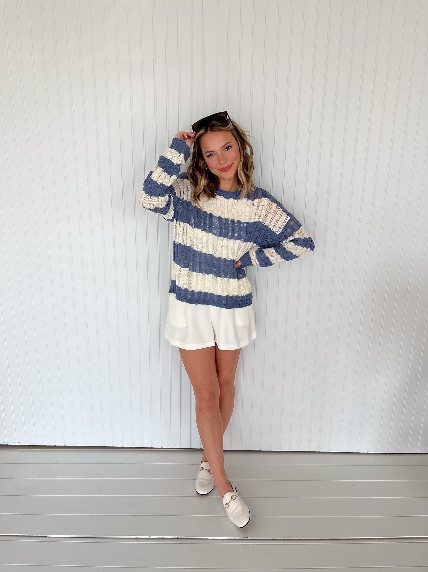 Spring Breakers Striped Ladder Knit Sweater - Blue