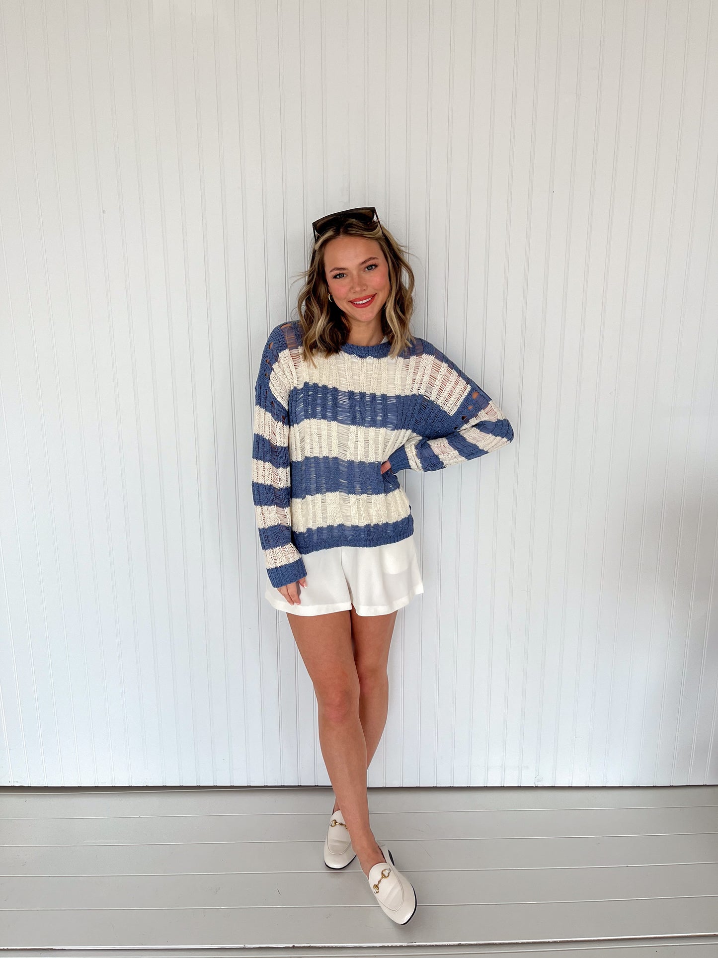 Spring Breakers Striped Ladder Knit Sweater - Blue