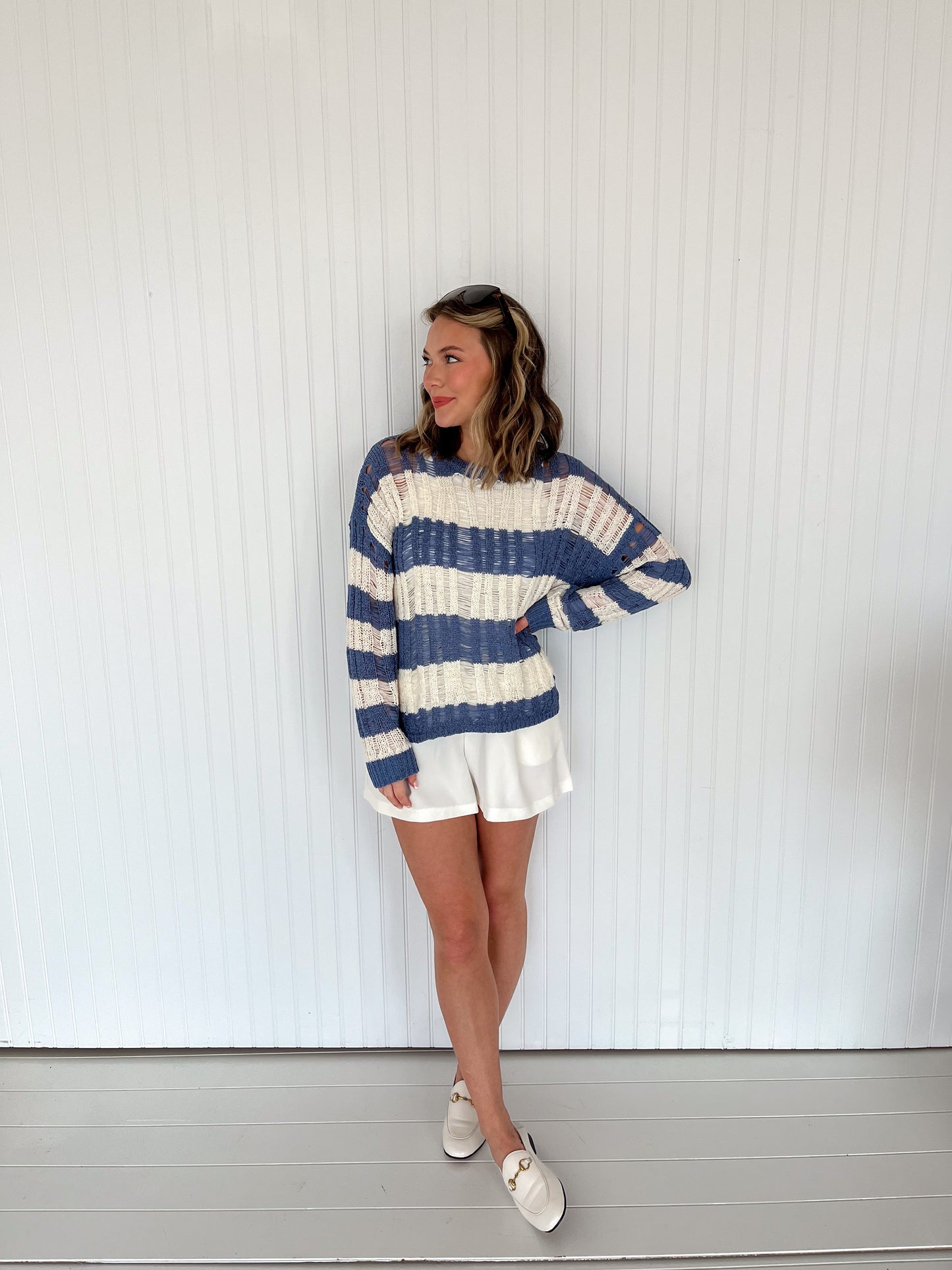 Spring Breakers Striped Ladder Knit Sweater - Blue