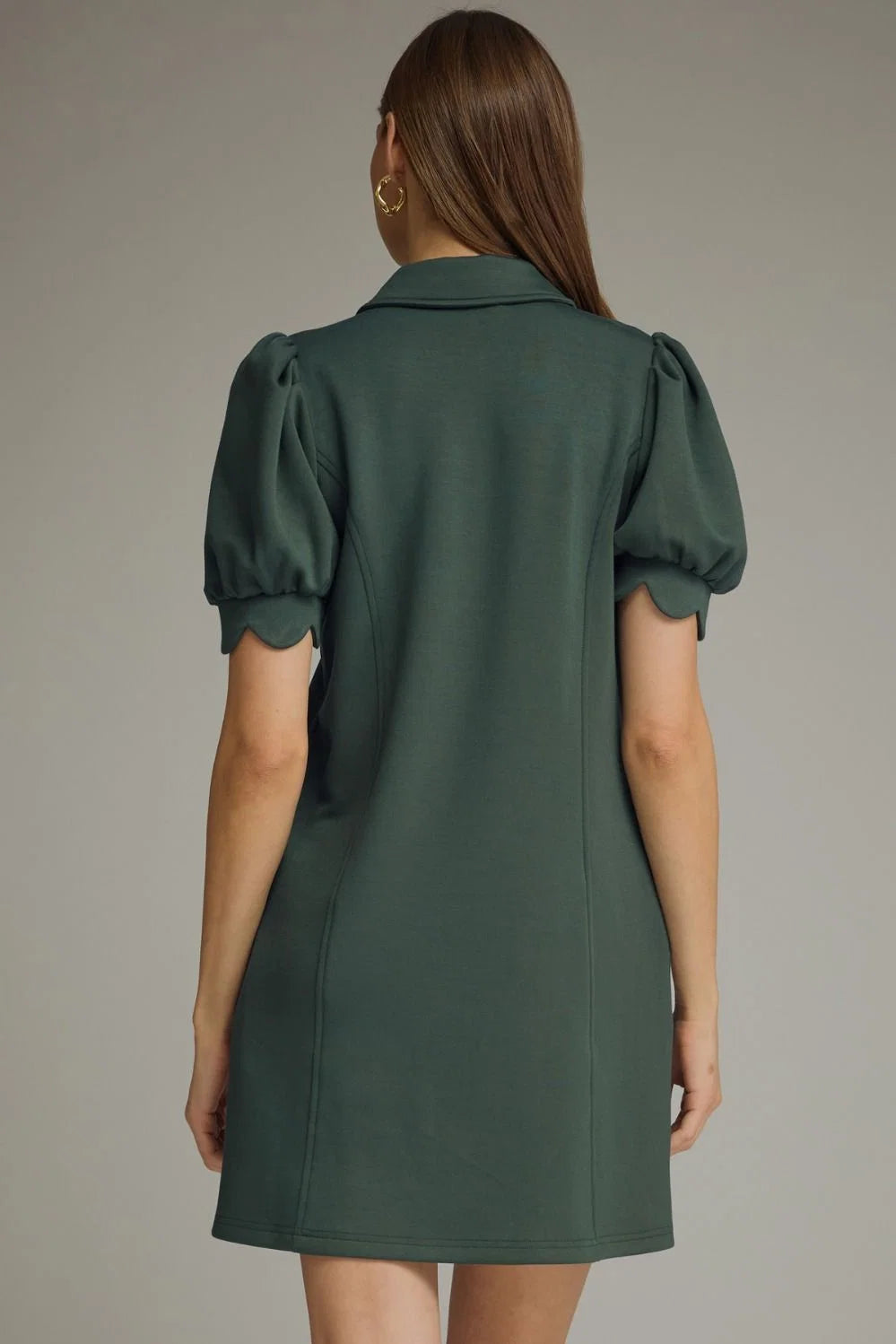 Scalloped Puff Sleeve Mini Dress - Forest