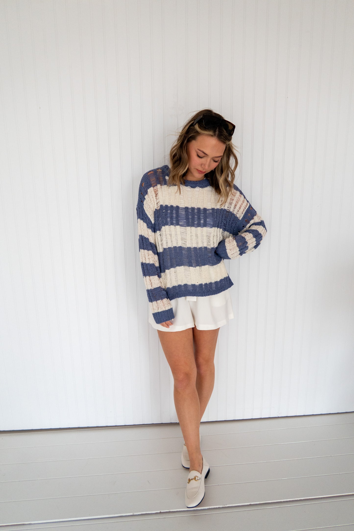 Spring Breakers Striped Ladder Knit Sweater - Blue