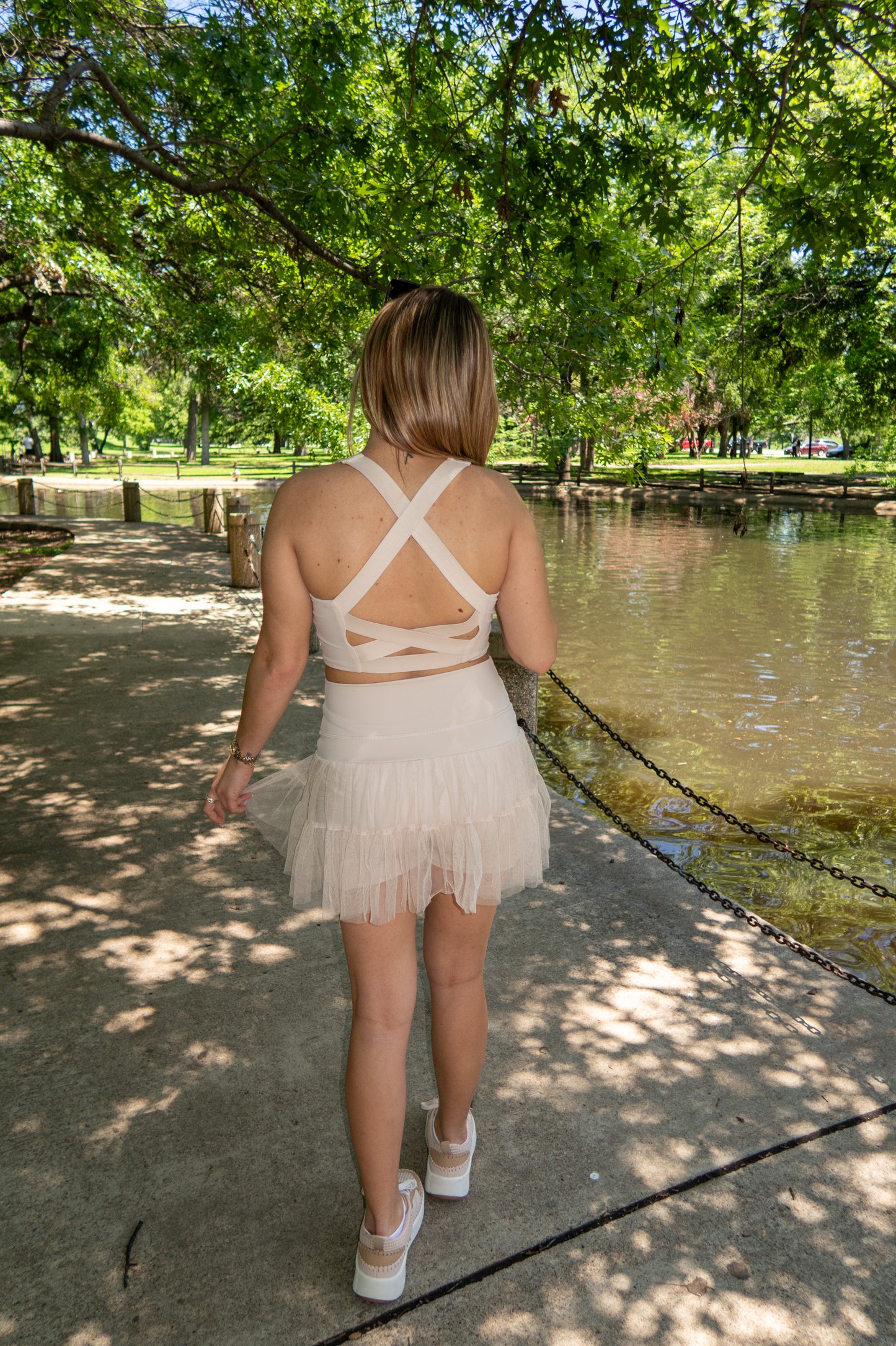 Abroad Mesh Skirt + Criss Cross Back Top Active Set - Beige