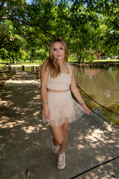 Abroad Mesh Skirt + Criss Cross Back Top Active Set - Beige