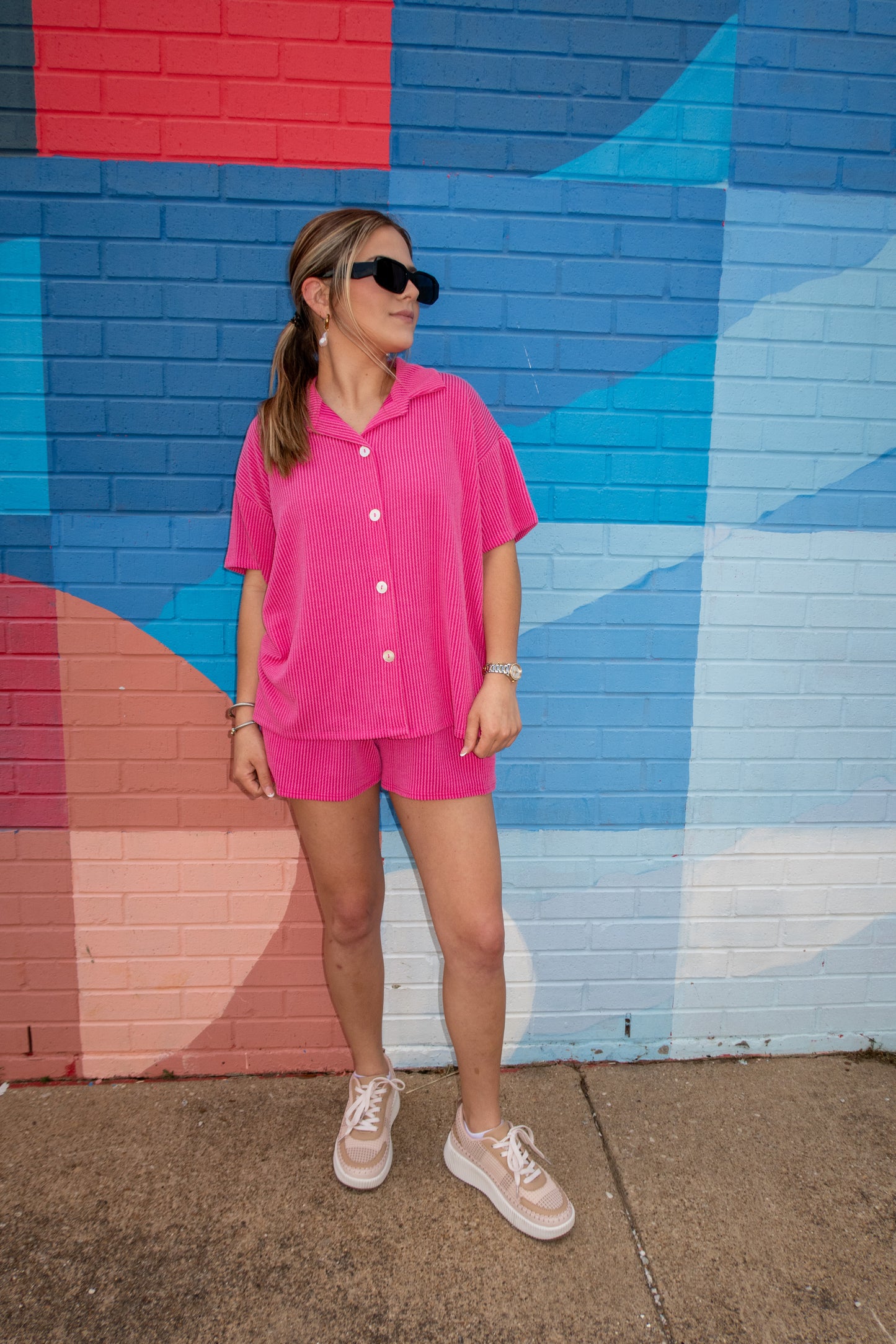 Jet Lag Ribbed Button Top - Fuschia