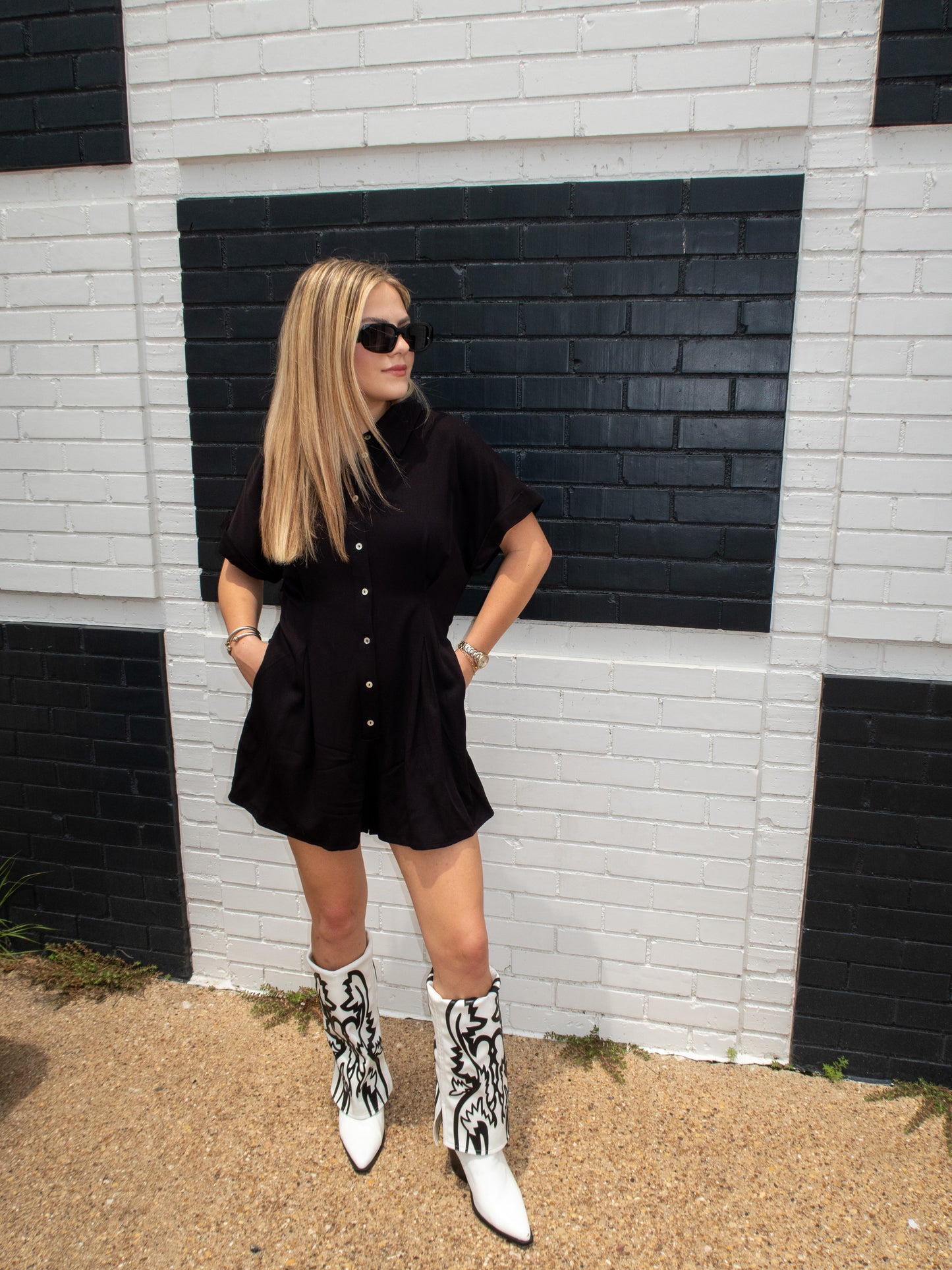 Short Sleeve Button Down Romper - Black