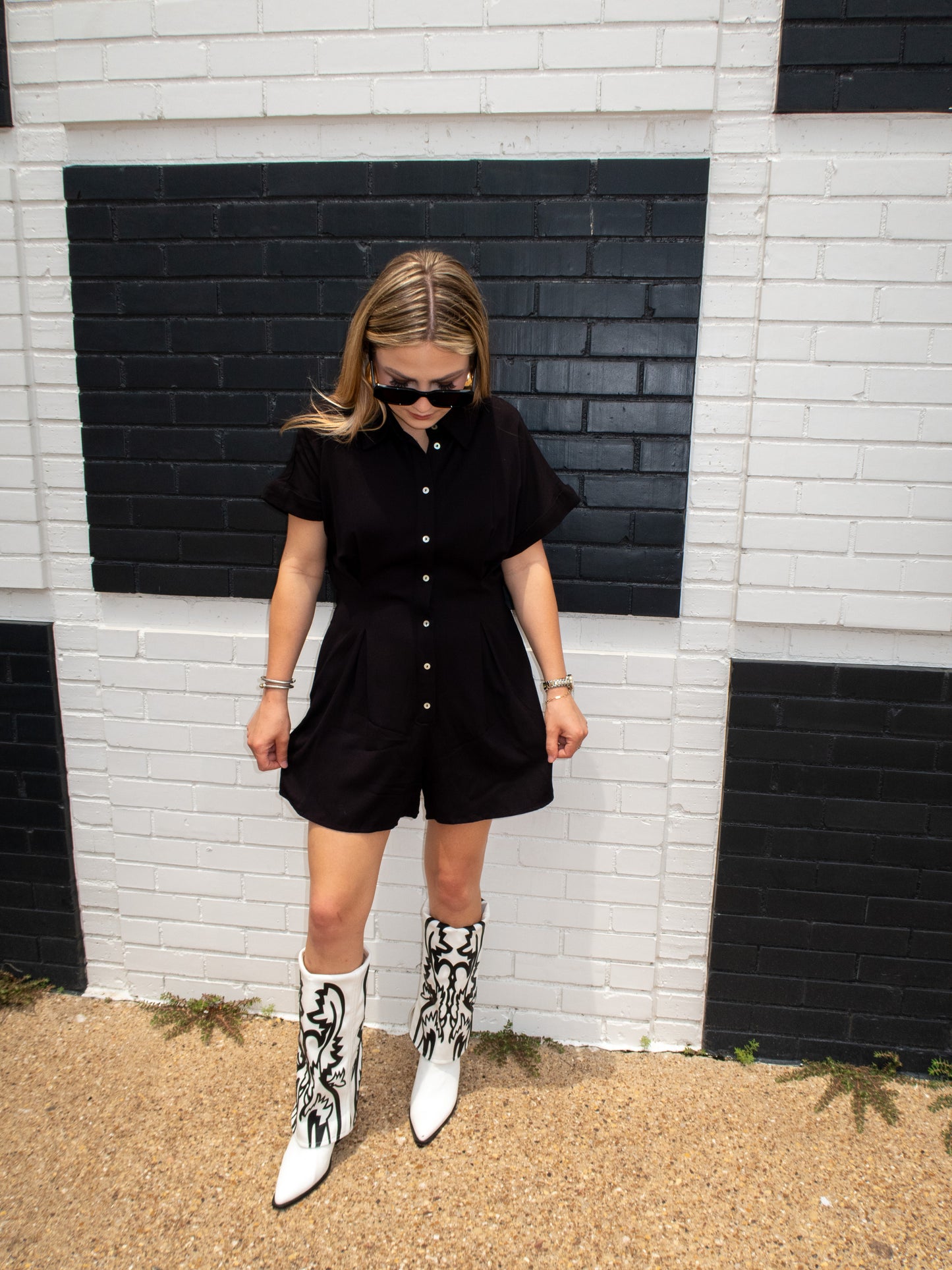 Short Sleeve Button Down Romper - Black