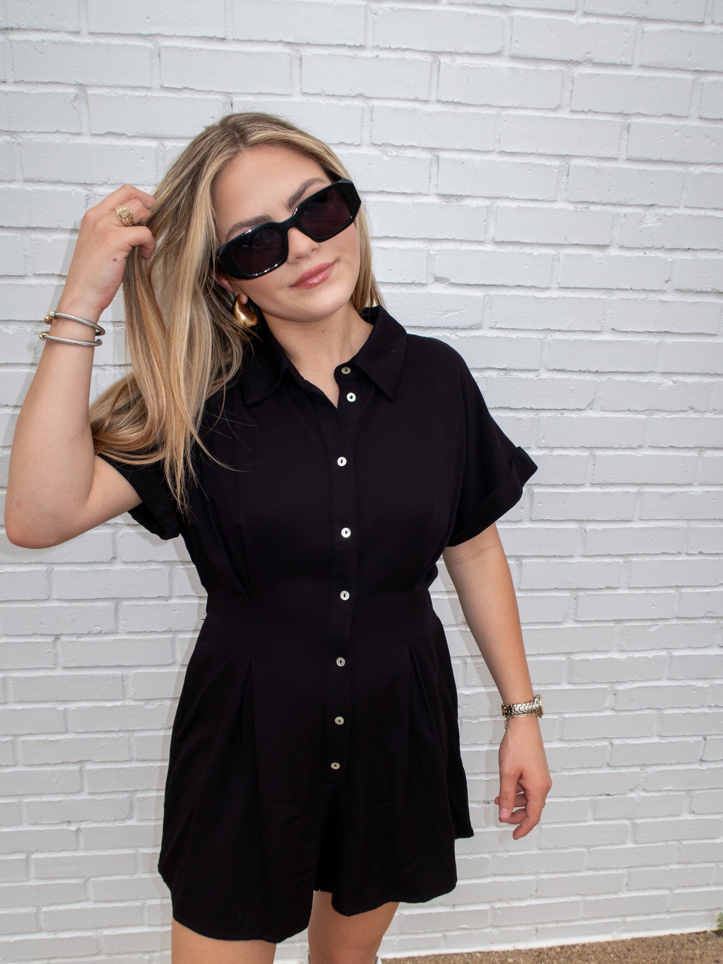 Short Sleeve Button Down Romper - Black