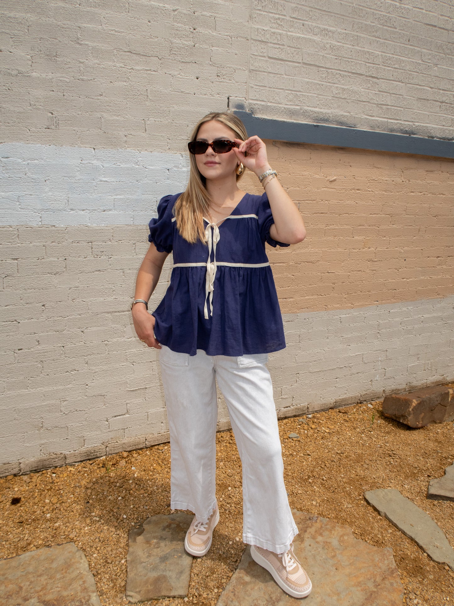 Harriet Contrast Tie Blouse - Navy