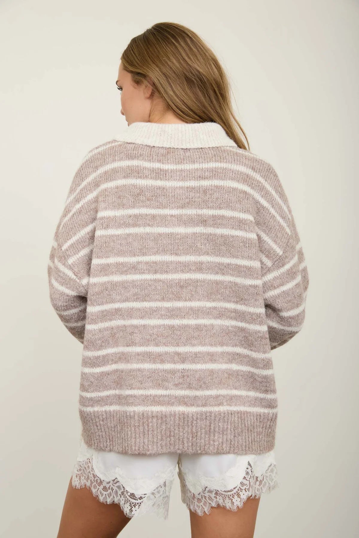 Stripe Contrast Collar Fuzzy Sweater - Light Mocha