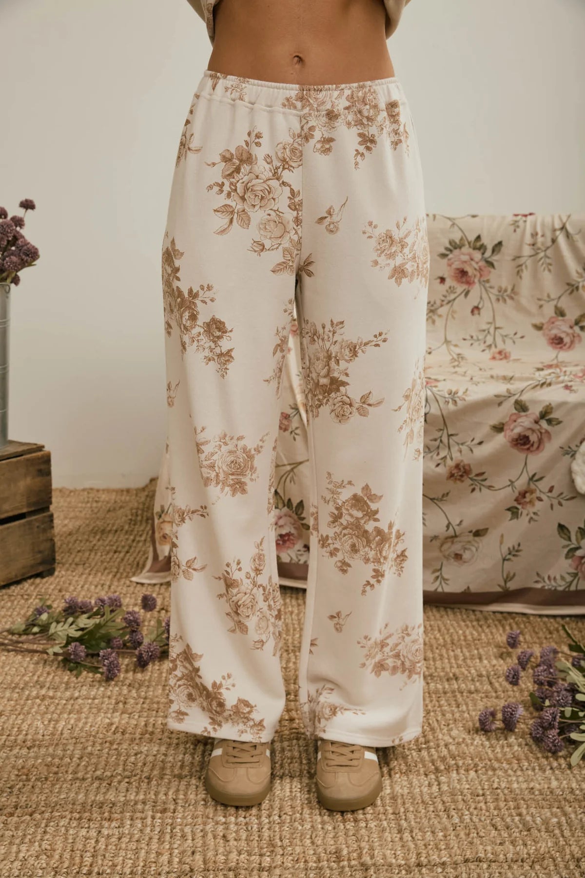 Floral Toile Wide Leg Lounge Pants - Khaki