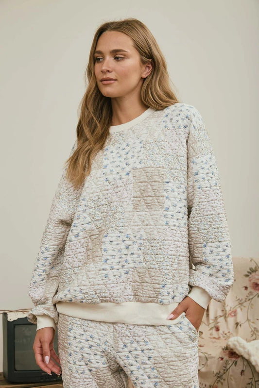 Patchwork Quilted Crewneck Sweatshirt - Cream Multi