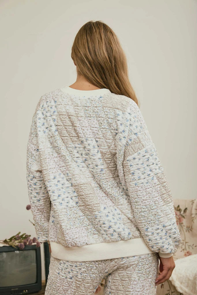 Patchwork Quilted Crewneck Sweatshirt - Cream Multi