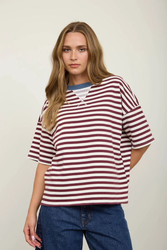 Stripe Short Sleeve T Shirt - Burgundy