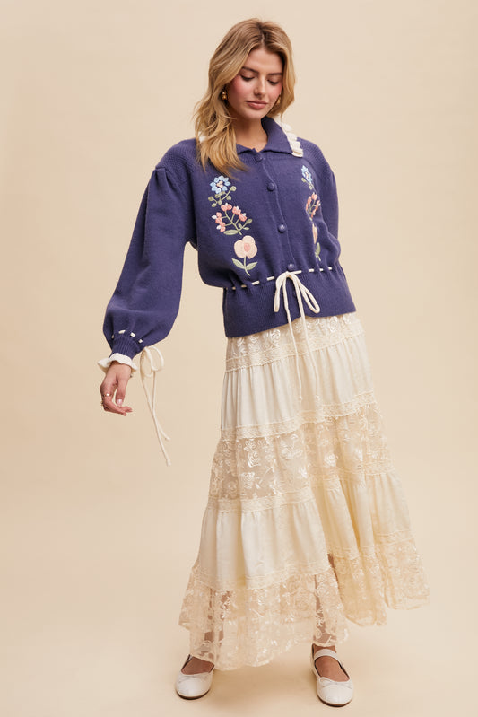 Floral Embroidered Tiered Maxi Skirt - Cream