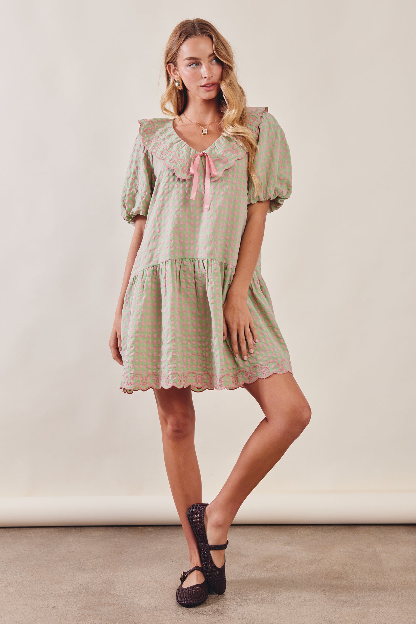 Gingham Ruffle Babydoll Dress - Pink/Emerald