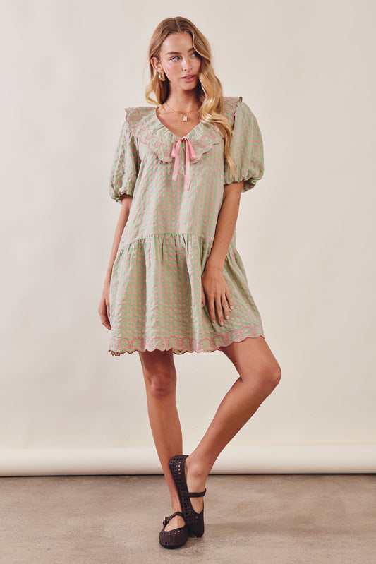 Gingham Ruffle Babydoll Dress - Pink/Emerald