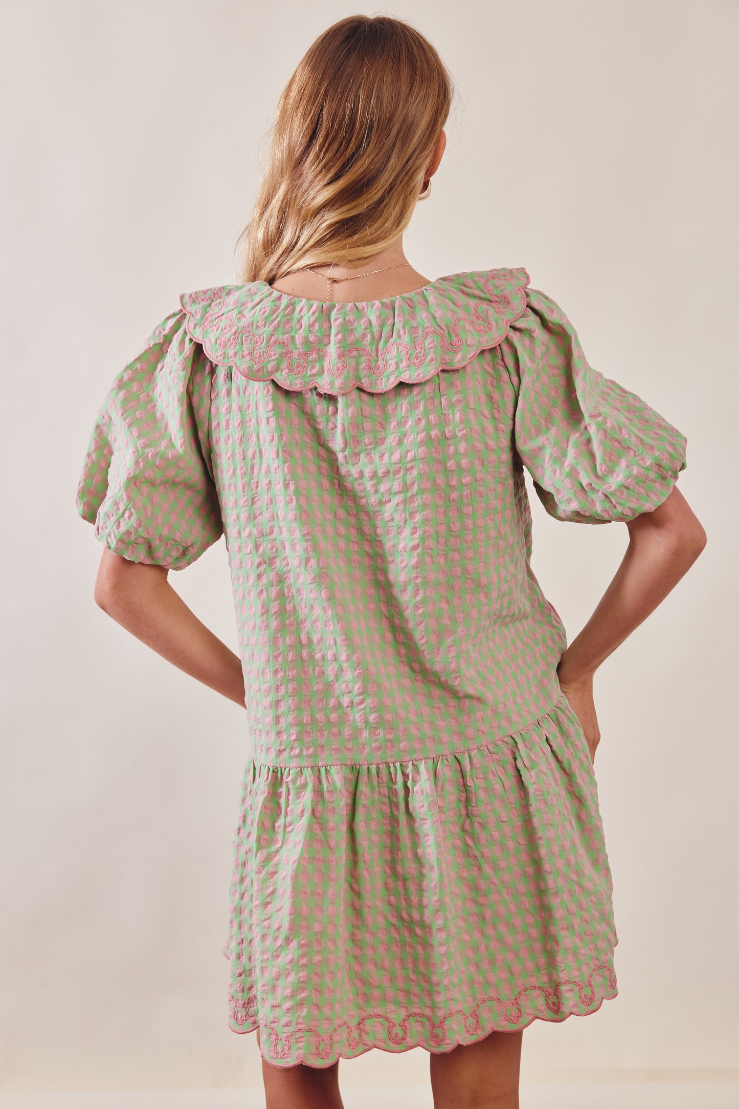 Gingham Ruffle Babydoll Dress - Pink/Emerald