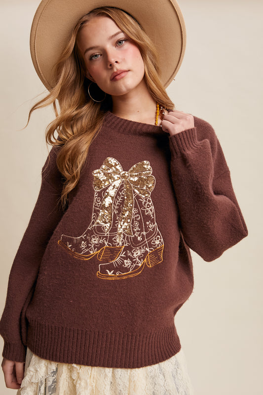 Sequin Bow Cowboy Boots Sweater - Brown